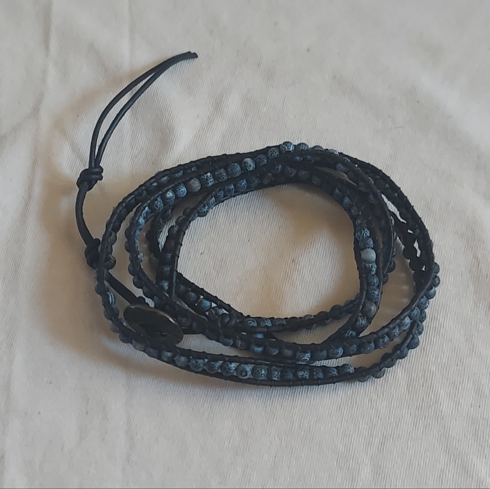 Handmade Grey/Blue Clay Bead & Black Leather Wrap Bracelet